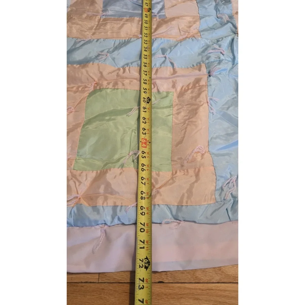Vintage Handmade Quilt 72x89 Retro Nylon Silky Material Pastel Patchwork Blanket